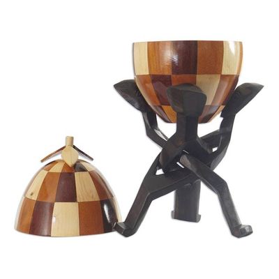 Alternate image for Handcrafted Sese Wood and Coconut Shell Sculpture with Base Checkered Secret