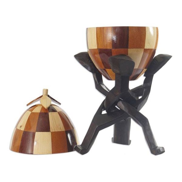 Alternate image for Handcrafted Sese Wood and Coconut Shell Sculpture with Base Checkered Secret