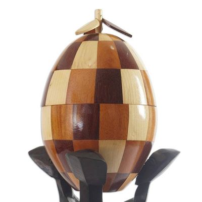 Alternate image for Handcrafted Sese Wood and Coconut Shell Sculpture with Base Checkered Secret