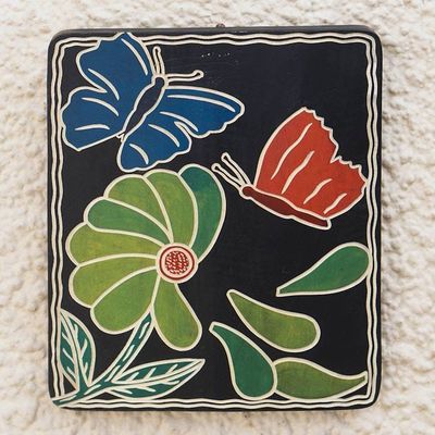 Main image for Butterfly-Themed Painted Hand-Carved Sese Wood Wall Art Vibrant Butterfly