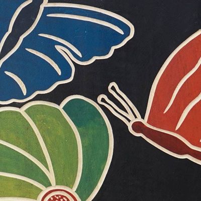 Alternate image for Butterfly-Themed Painted Hand-Carved Sese Wood Wall Art Vibrant Butterfly