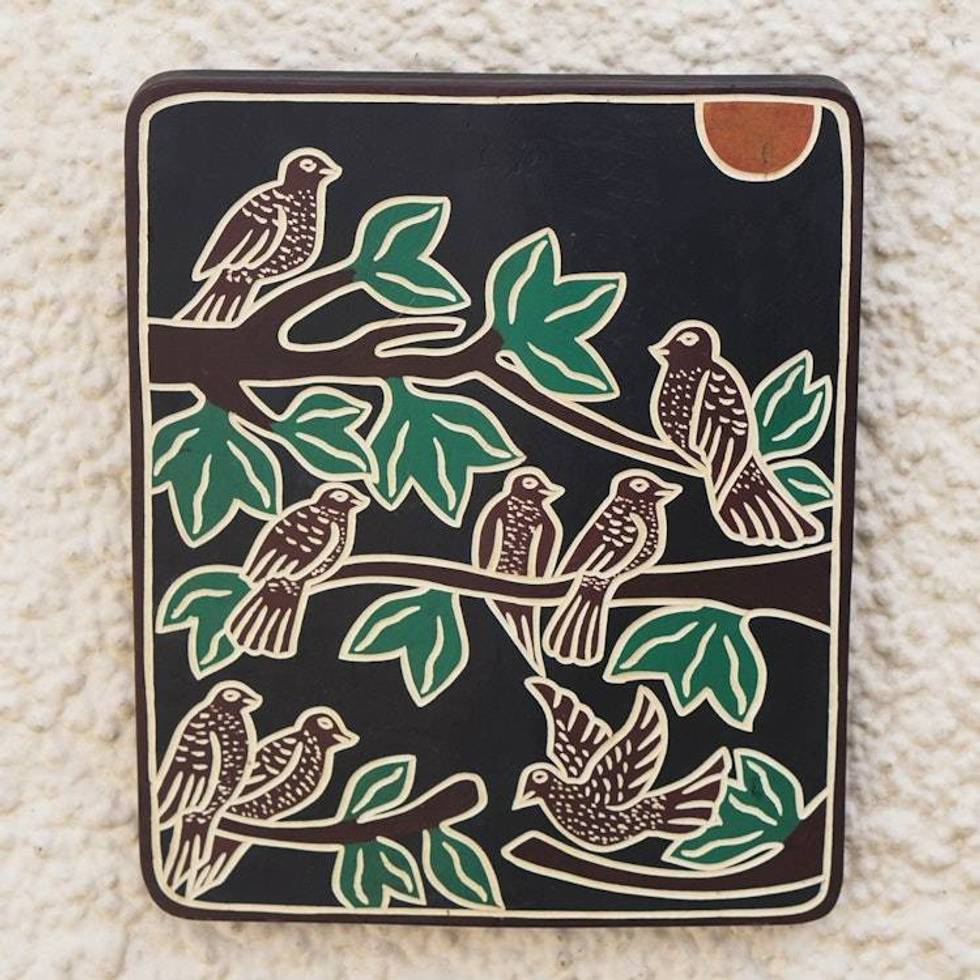 Bird-Themed Painted Hand-Carved Sese Wood Wall Art 'Bird Realm'