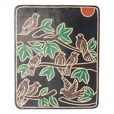 Alternate image for Bird-Themed Painted Hand-Carved Sese Wood Wall Art Bird Realm