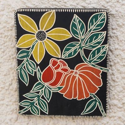 Primary image for Floral Painted Hand-Carved Sese Wood Wall Art in Warm Hues Vibrant Blossoming