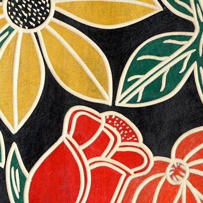 Alternate image for Floral Painted Hand-Carved Sese Wood Wall Art in Warm Hues Vibrant Blossoming