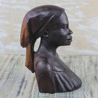 Alternate image for Signed Ebony Wood Sculpture of a Woman from Ghana Bust of a Native Woman II
