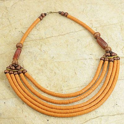 Alternate image for Artisan Made Agate and Wood African Orange Beaded Necklace Wend Panga in Orange