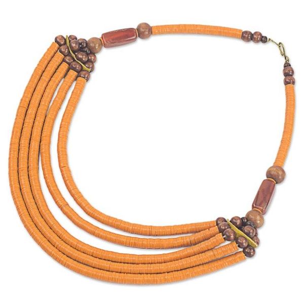 Alternate image for Artisan Made Agate and Wood African Orange Beaded Necklace Wend Panga in Orange