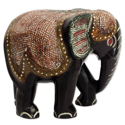 Alternate image for Hand Carved Sese Wood Elephant Featuring Ceremonial Design Exotic Elephant