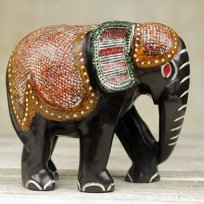 Alternate image for Hand Carved Sese Wood Elephant Featuring Ceremonial Design Exotic Elephant