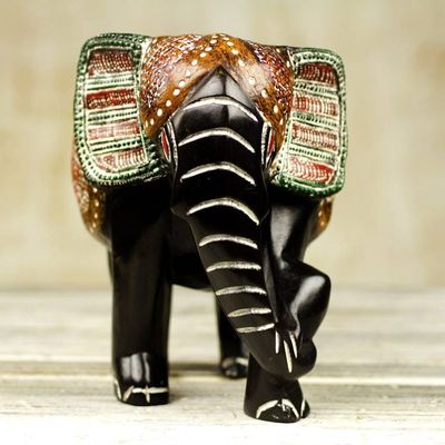 Alternate image for Hand Carved Sese Wood Elephant Featuring Ceremonial Design Exotic Elephant