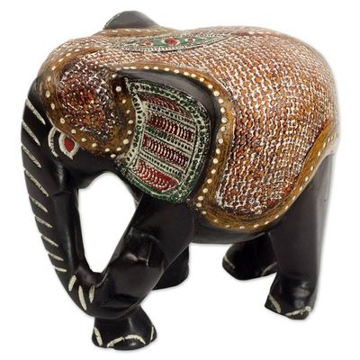 Alternate image for Hand Carved Sese Wood Elephant Featuring Ceremonial Design Exotic Elephant