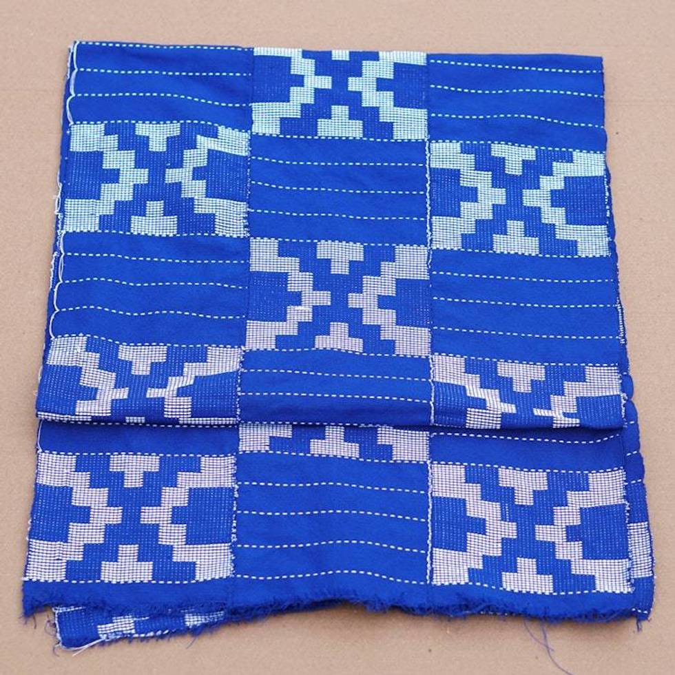 Handloomed 3-Stripe Geometric Cotton Shawl in Sapphire 'Three Sapphire Signals'