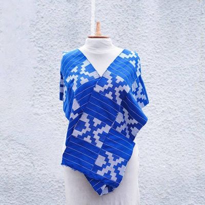 Alternate image for Handloomed 3-Stripe Geometric Cotton Shawl in Sapphire Three Sapphire Signals