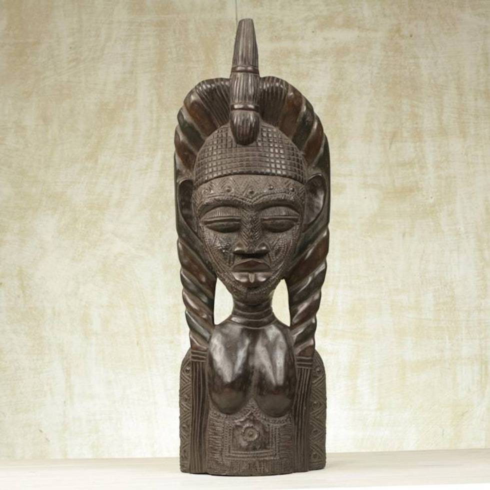 Hand Carved Sese Wood Sculpture of a Mystic Woman from Ghana 'Mystic Woman'