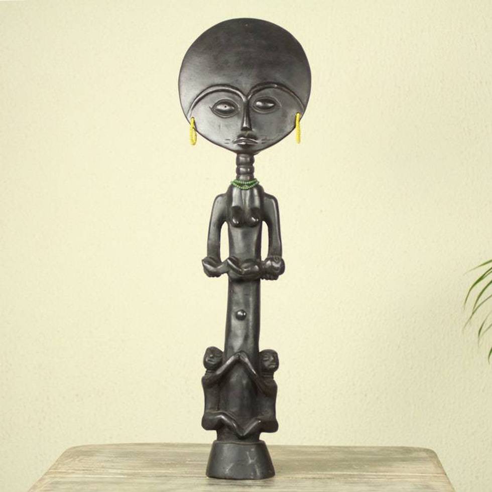 Hand Carved African Fertility Doll with Children 'Blessed Ashanti Mother'