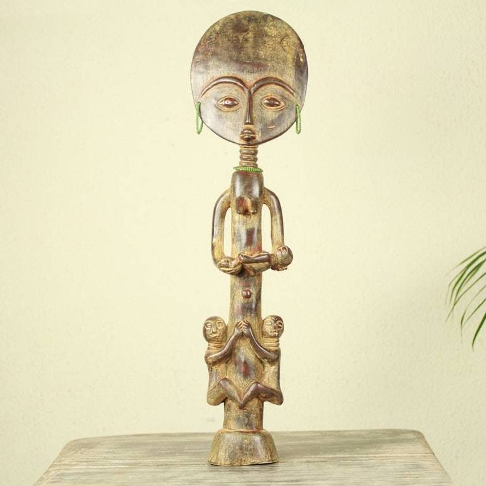 Hand Carved African Fertility Doll with Children 'Beautiful Ashanti Mother'