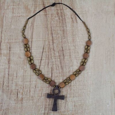 Alternate image for Adjustable Sese Wood Beaded Ankh Pendant Necklace Odofa Me Ko