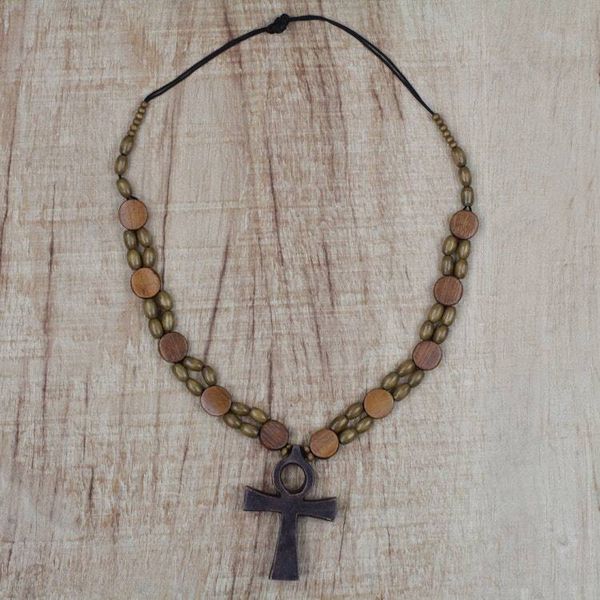 Alternate image for Adjustable Sese Wood Beaded Ankh Pendant Necklace Odofa Me Ko