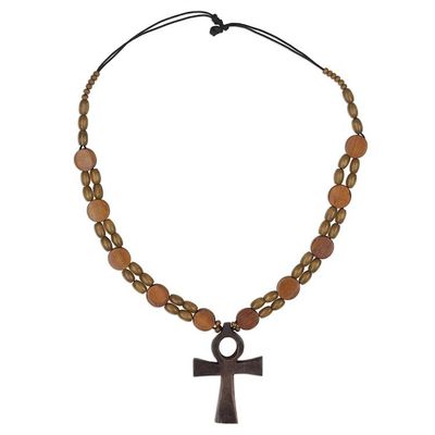 Alternate image for Adjustable Sese Wood Beaded Ankh Pendant Necklace Odofa Me Ko