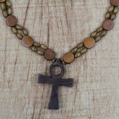 Alternate image for Adjustable Sese Wood Beaded Ankh Pendant Necklace Odofa Me Ko