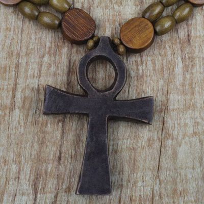 Alternate image for Adjustable Sese Wood Beaded Ankh Pendant Necklace Odofa Me Ko