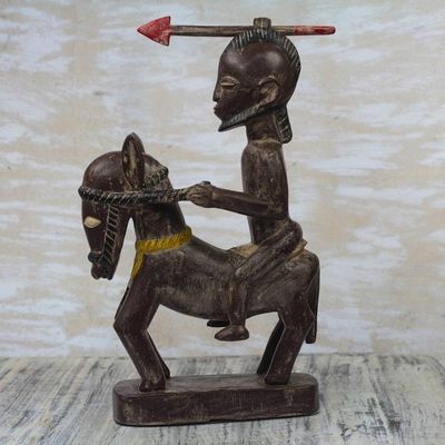 Main image for Brown and Cream Horseback Warrior Wood Sculpture from Ghana Horseback Warrior