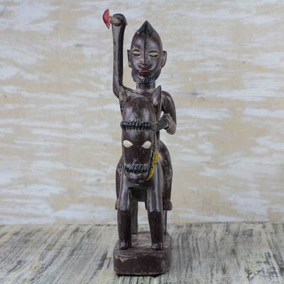 Alternate image for Brown and Cream Horseback Warrior Wood Sculpture from Ghana Horseback Warrior