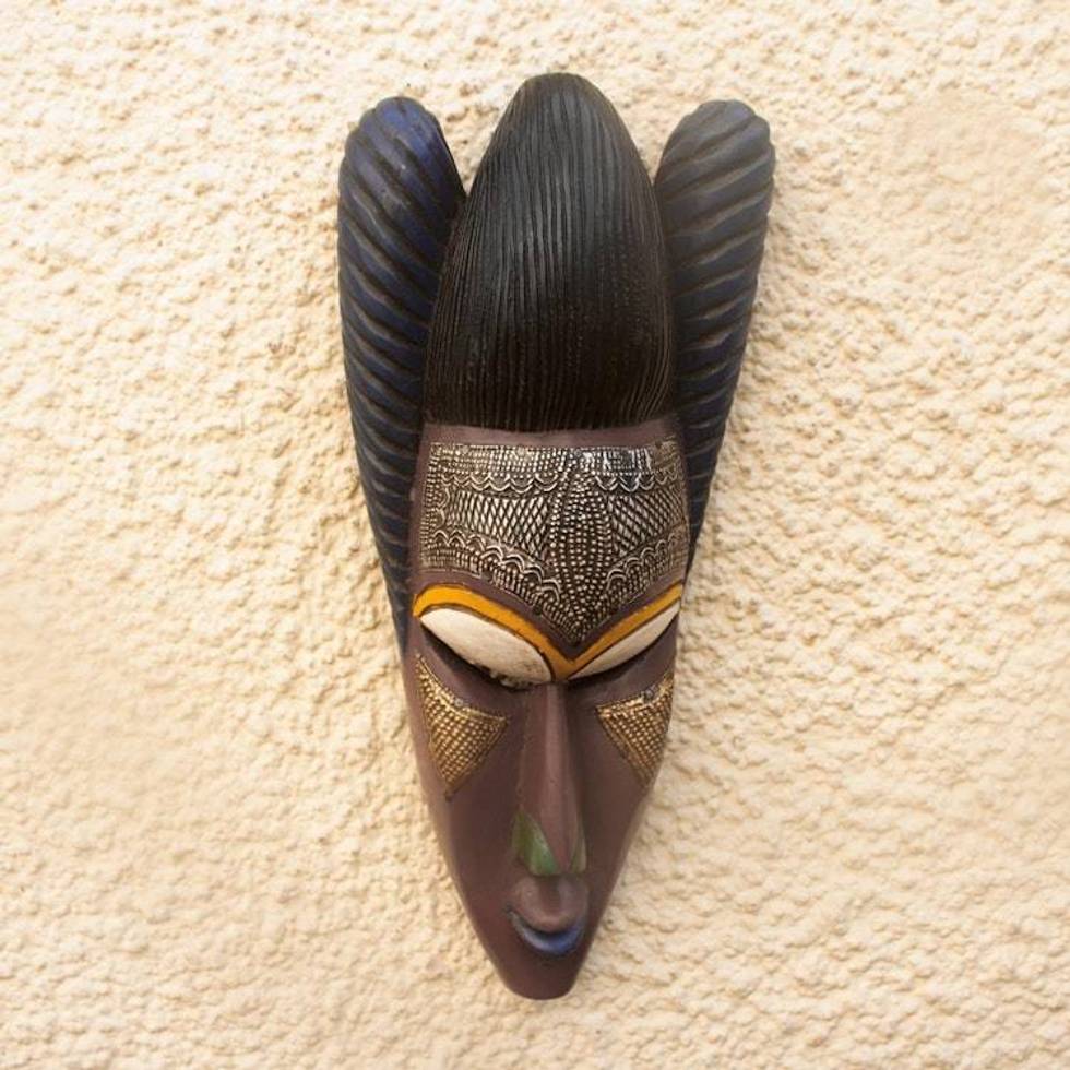Sese Wood and Aluminum Plated African Mask 'Agbeko'