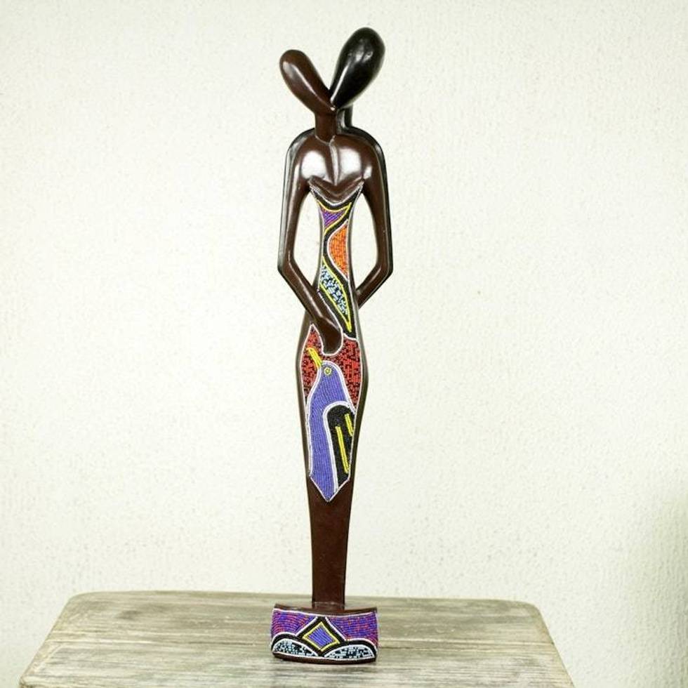 Modern African Beaded Wood Sculpture of a Couple in Love 'Young Lovers'