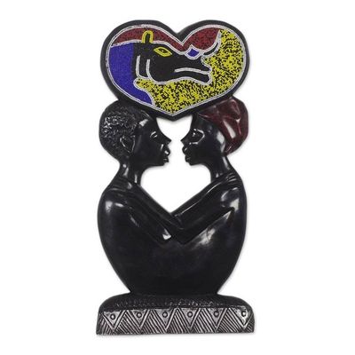 Alternate image for Romantic Handcarved Beaded Wood Wall Sculpture from Ghana Two Lovers
