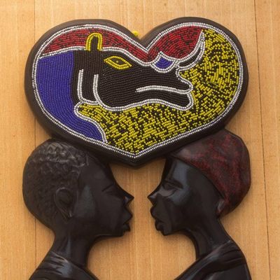 Alternate image for Romantic Handcarved Beaded Wood Wall Sculpture from Ghana Two Lovers
