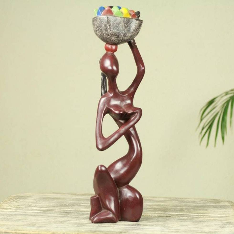 African Wood Sculpture Artisan Crafted Modern Art 'Fruit Seller'