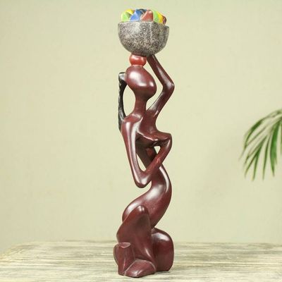 Alternate image for African Wood Sculpture Artisan Crafted Modern Art Fruit Seller