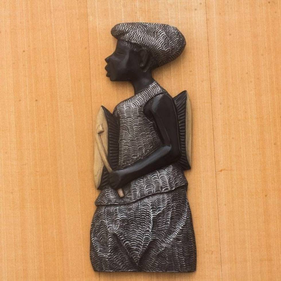 Music-Themed Aluminum Accented Wood Wall Sculpture 'The Drummer'