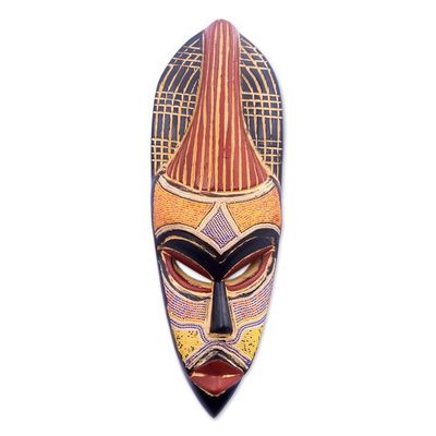 Alternate image for Elongated African Recycled Glass Beaded Wood Wall Mask Ike