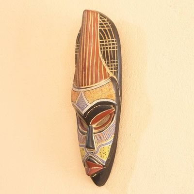 Alternate image for Elongated African Recycled Glass Beaded Wood Wall Mask Ike