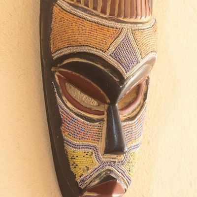 Alternate image for Elongated African Recycled Glass Beaded Wood Wall Mask Ike