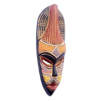 Alternate image for Elongated African Recycled Glass Beaded Wood Wall Mask Ike