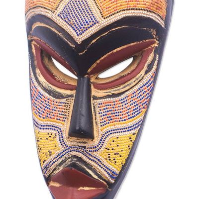 Alternate image for Elongated African Recycled Glass Beaded Wood Wall Mask Ike