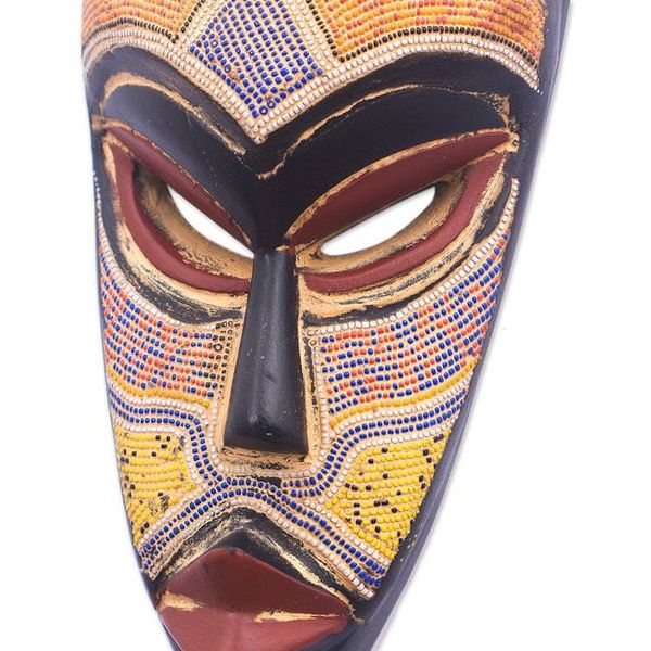 Alternate image for Elongated African Recycled Glass Beaded Wood Wall Mask Ike