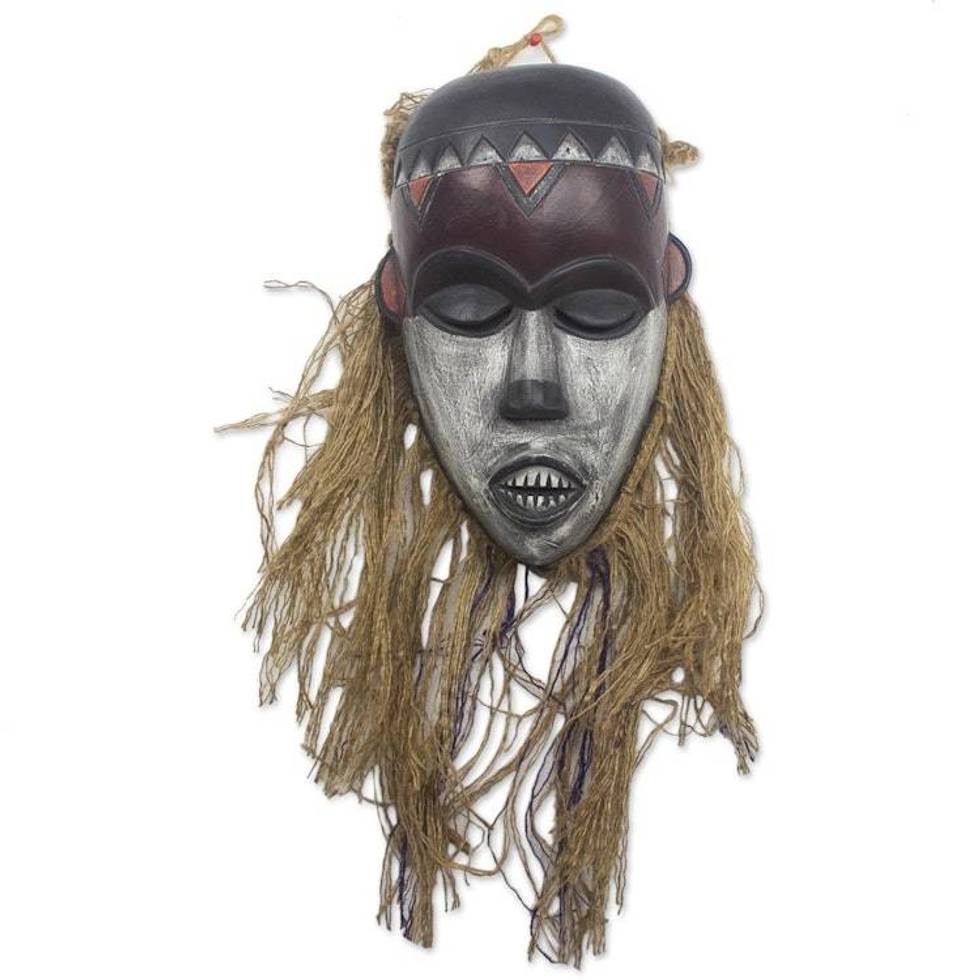 Handmade African Sese Wood and Raffia Mask 'Pende III'
