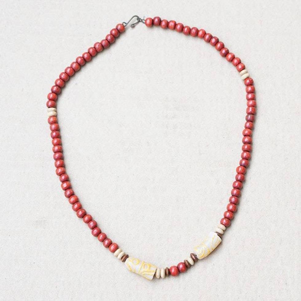Red Sese Wood and Recycled Glass Beaded Necklace from Ghana 'Red Comfort'