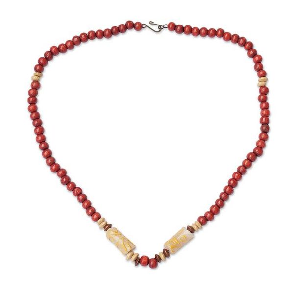 Alternate image for Red Sese Wood and Recycled Glass Beaded Necklace from Ghana Red Comfort