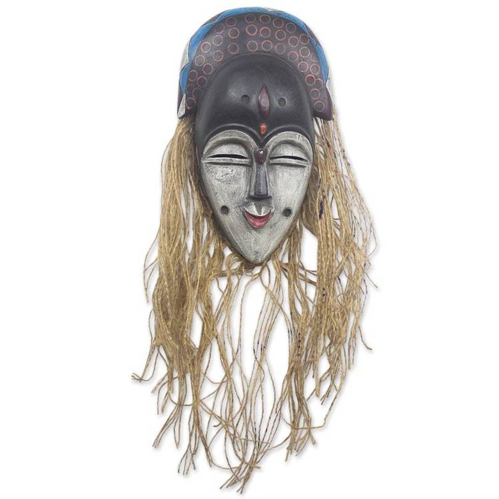 Hand Carved African Sese Wood and Raffia Mask 'Teke'