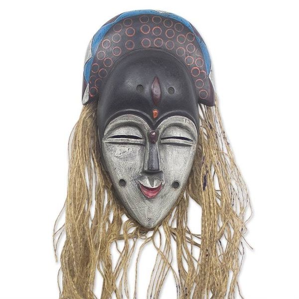 Alternate image for Hand Carved African Sese Wood and Raffia Mask Teke