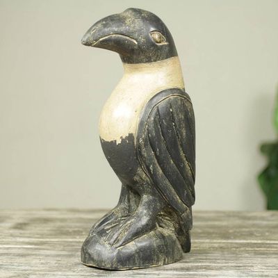 Primary image for Rustic Hand Carved Black and White Wood Crow Sculpture Crow