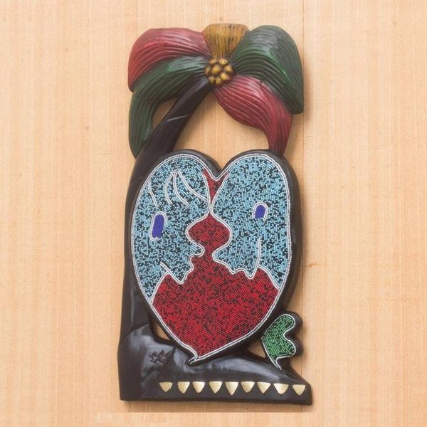 Alternate image for Romantic Beaded Wood Wall Sculpture from Ghana Love Birds