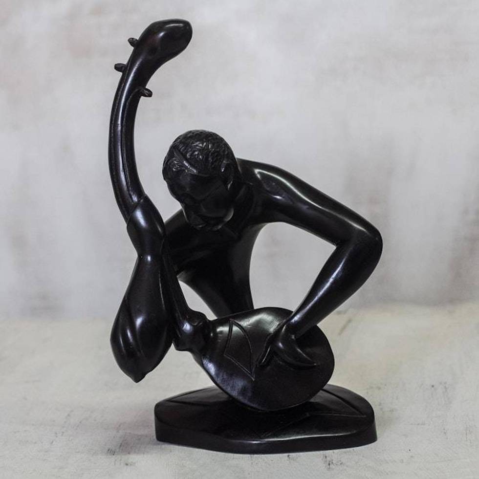 Hand-Carved Wood Sculpture of a Guitar Player from Ghana 'Guitar Player'
