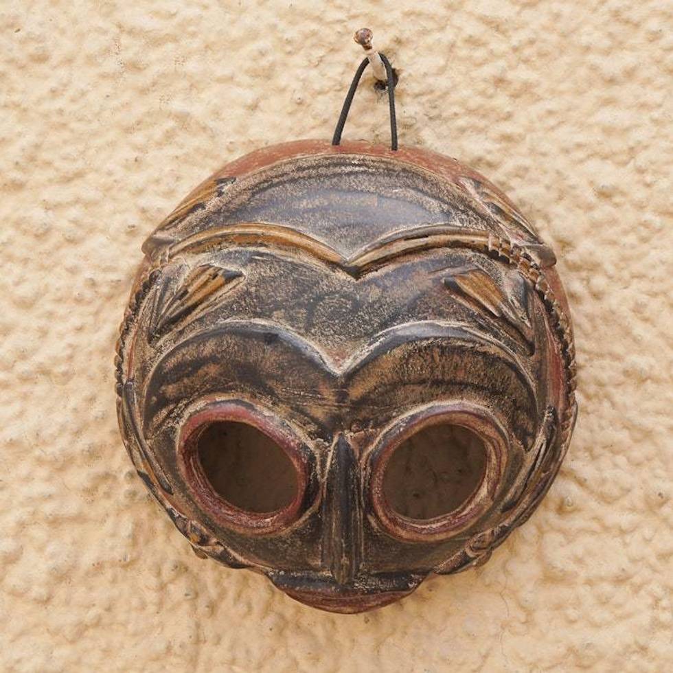 Hand-Painted African Calabash Mask in a Dark Palette 'Mossi Ancestor'